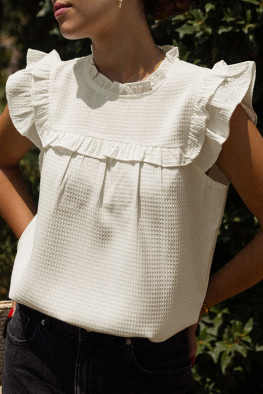 White Ruffle Trim Waffle Textured Blouse