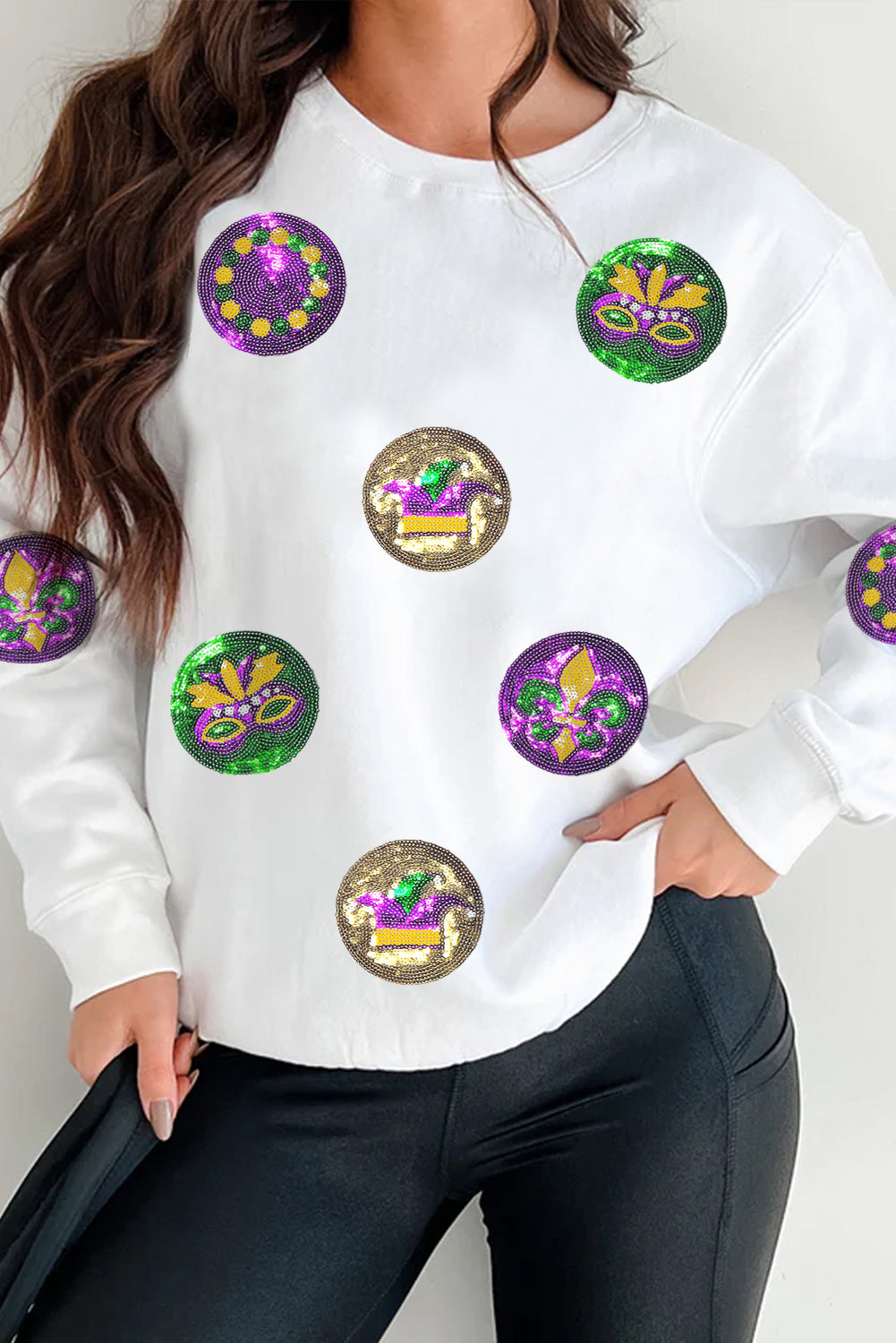 White Sequined Mardi Gras Pattern Crewneck Pullover Sweatshirt