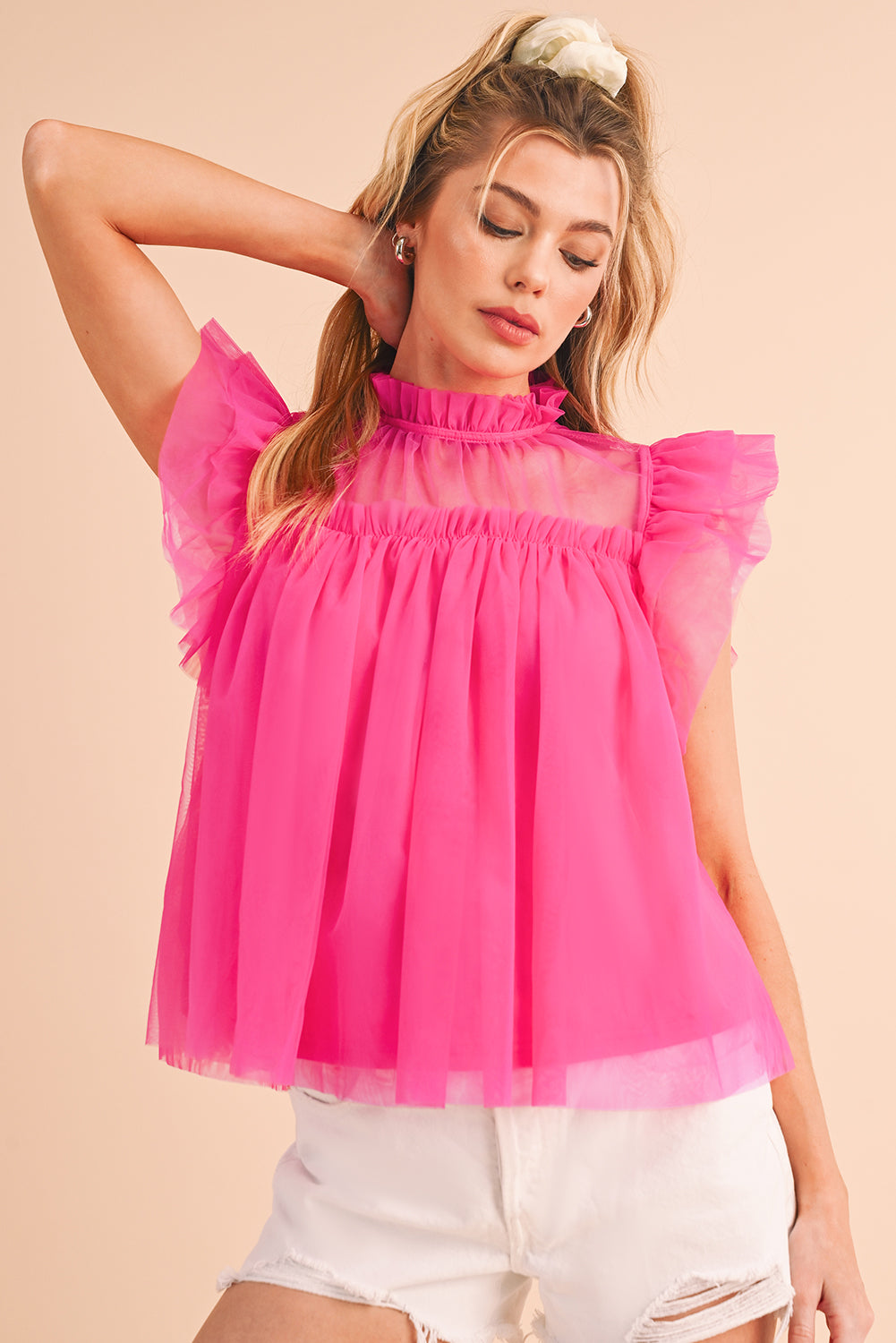 Strawberry Pink Ruffle Trim Mesh Layered Blouse