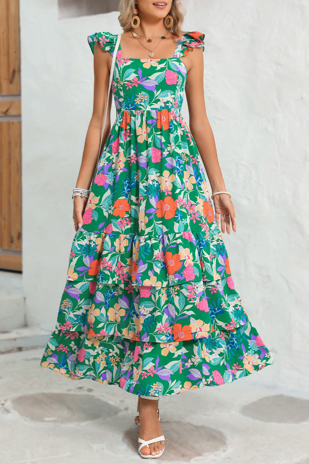 Pink Floral Print Sleeveless Ruffle Tiered Maxi Dress