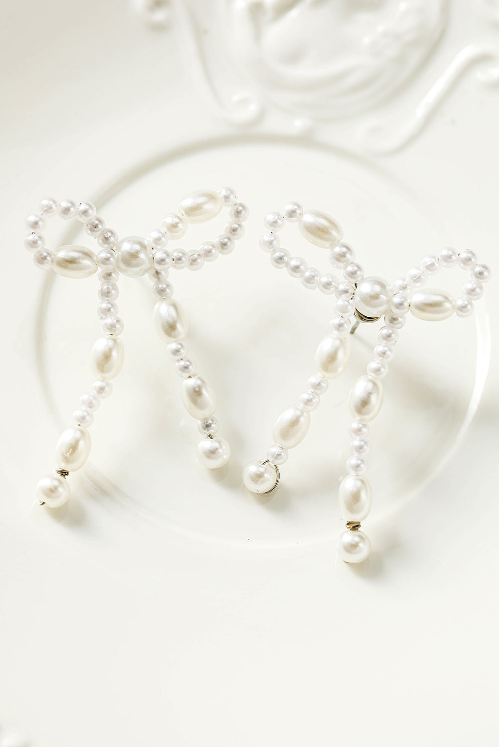 White Pearl Beaded Bowknot Shaped Drop Earrings