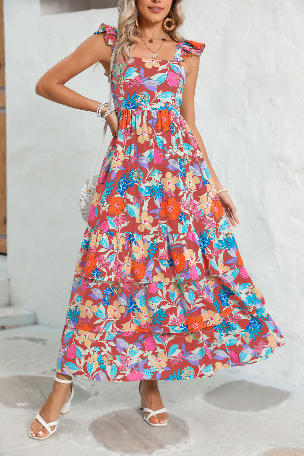 Pink Floral Print Sleeveless Ruffle Tiered Maxi Dress