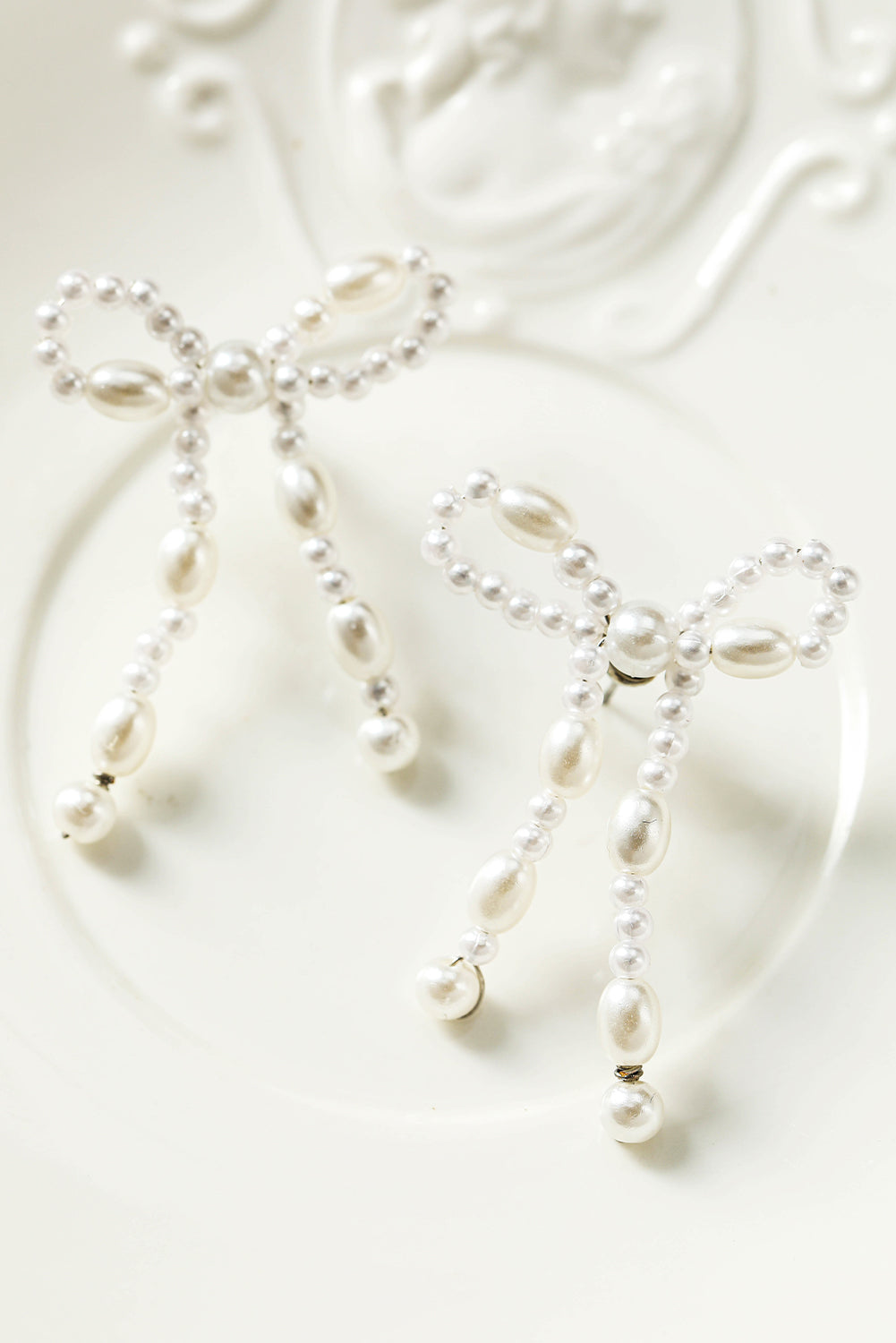 White Pearl Beaded Bowknot Shaped Drop Earrings