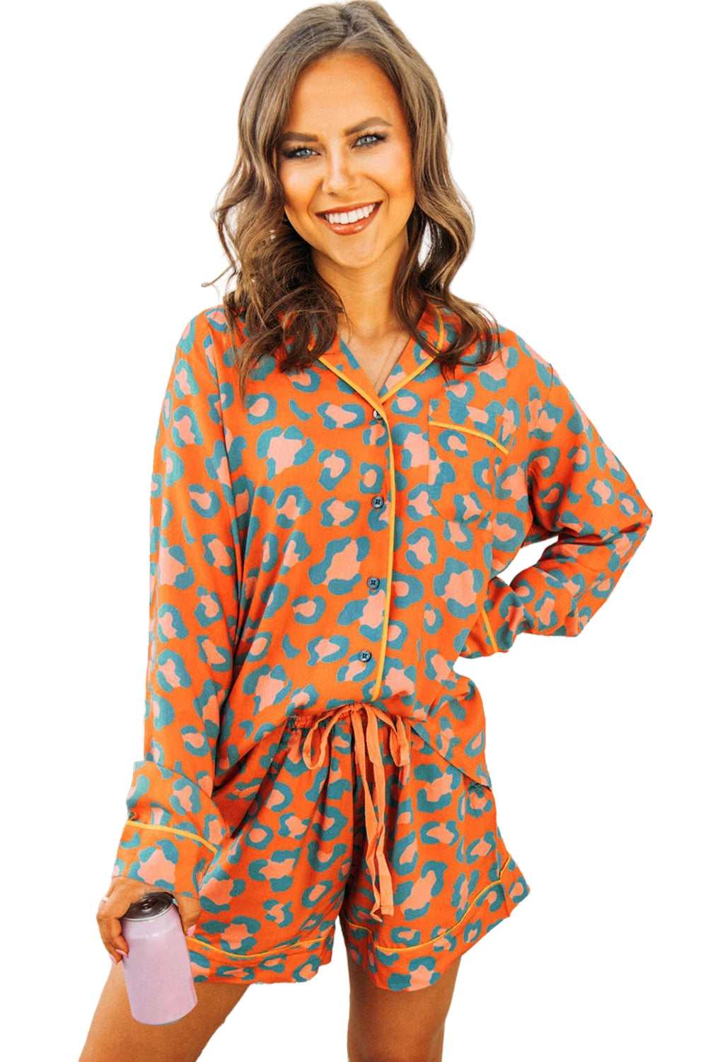 Orange Jaguar Print Long Sleeve Pajama Set