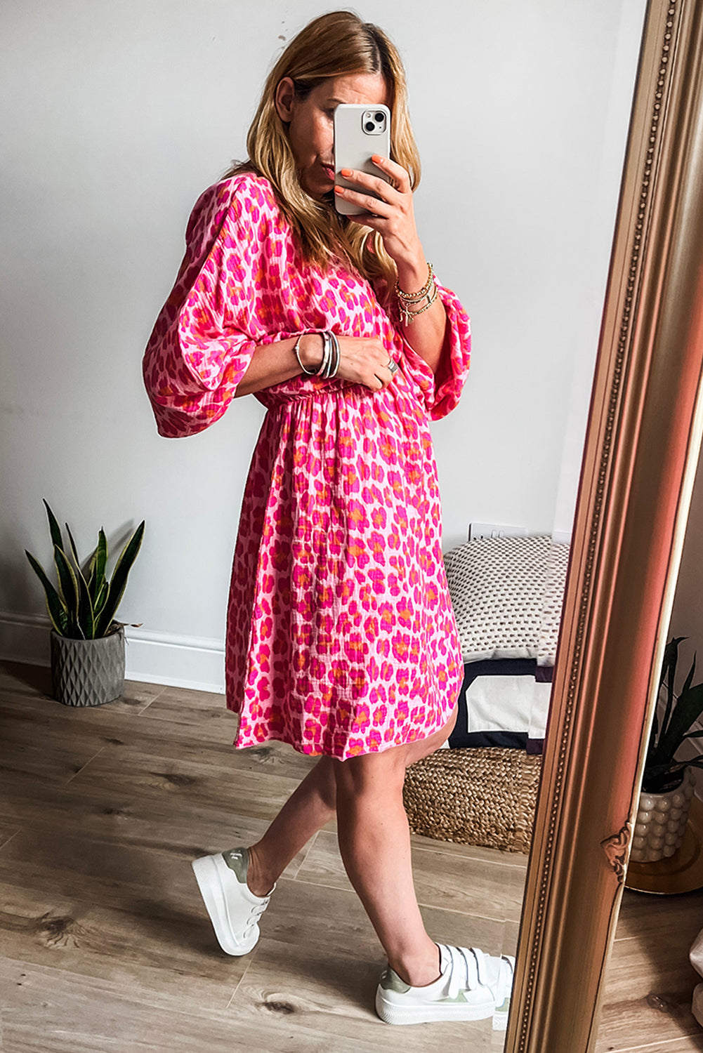 Pink V Neck 3/4 Puff Sleeve Leopard Print Dress