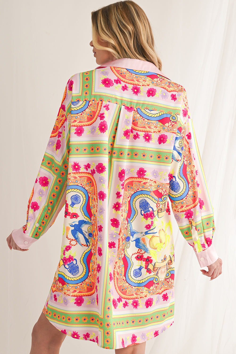 Multicolour Abstract Print Button Long Sleeve Shirt Dress