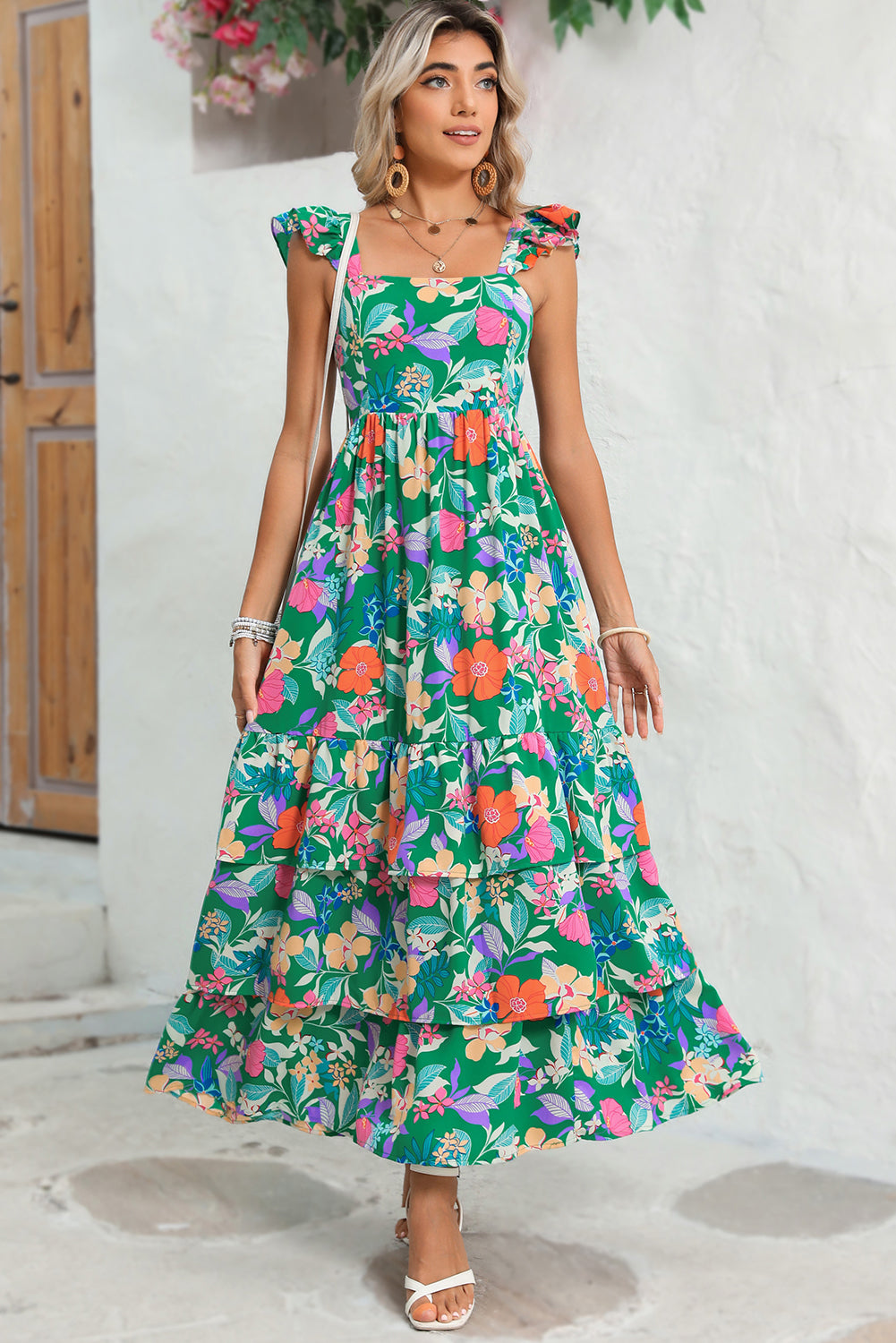 Pink Floral Print Sleeveless Ruffle Tiered Maxi Dress