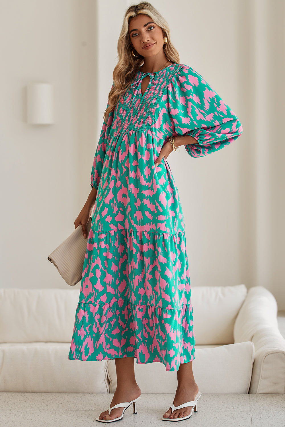 Green Abstract Print Puff Sleeve Smocked V Neck Maxi Dress