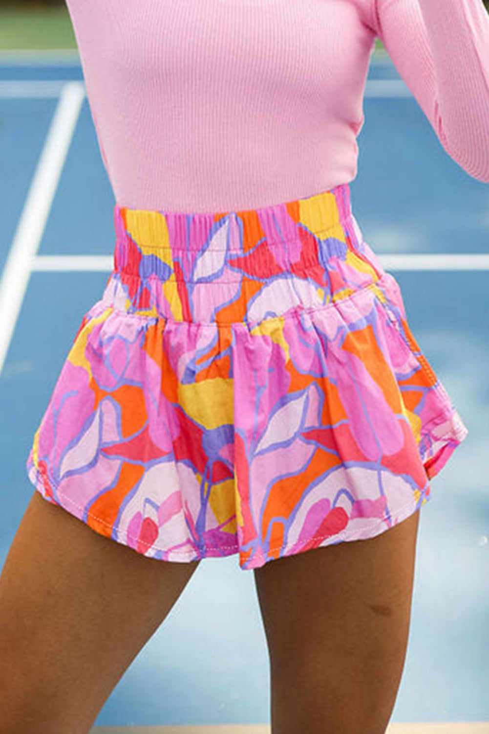 Abstract Smocked Waist Flared Shorts