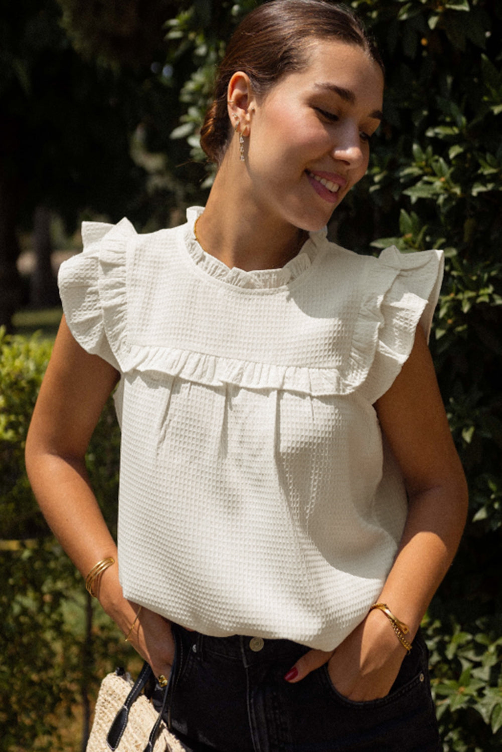 White Ruffle Trim Waffle Textured Blouse