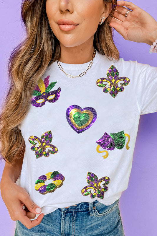 White Sequined Mardi Gras Symbolic Pattern Casual Tee