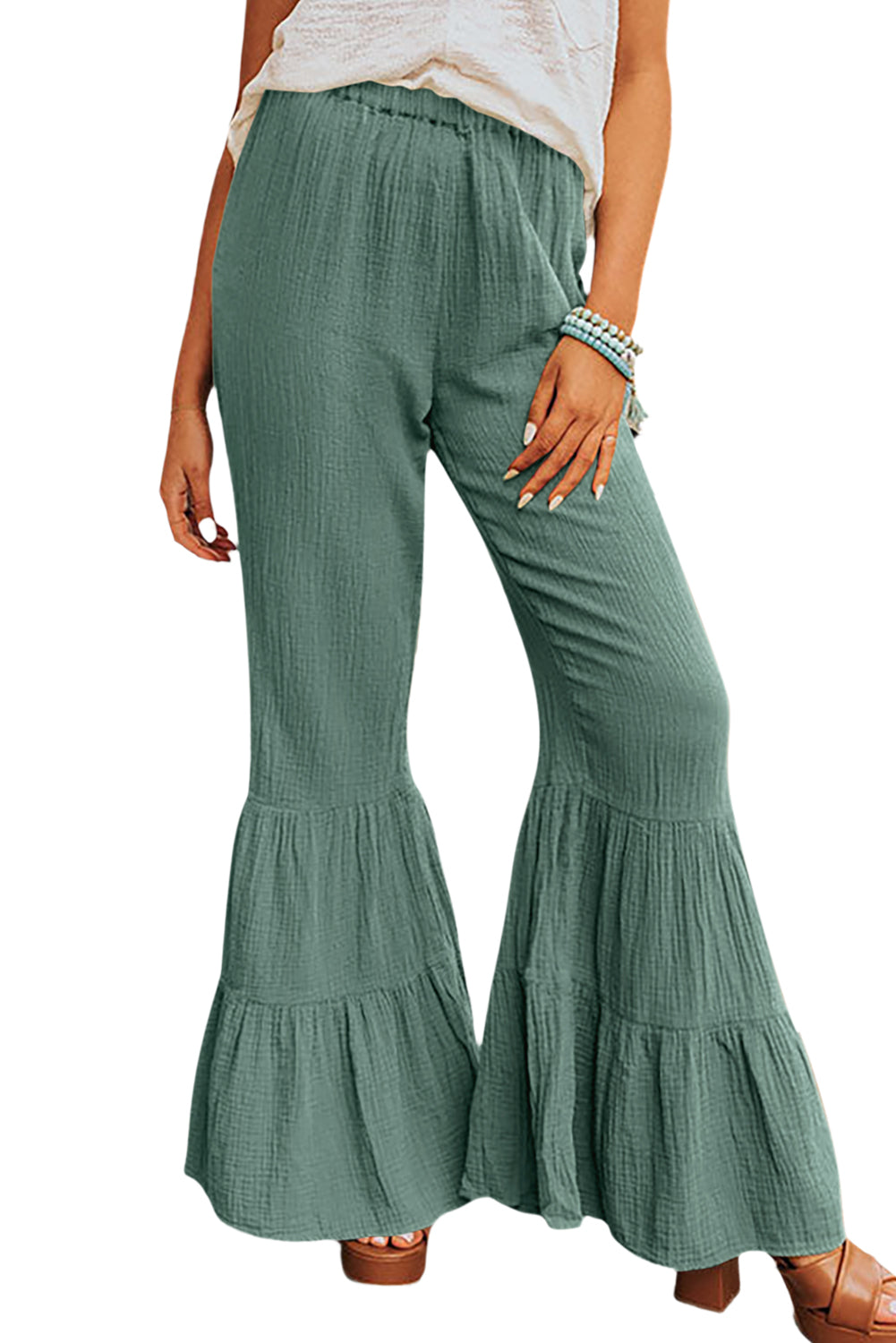 Cotton Ruffle Flare High Waisted Pants