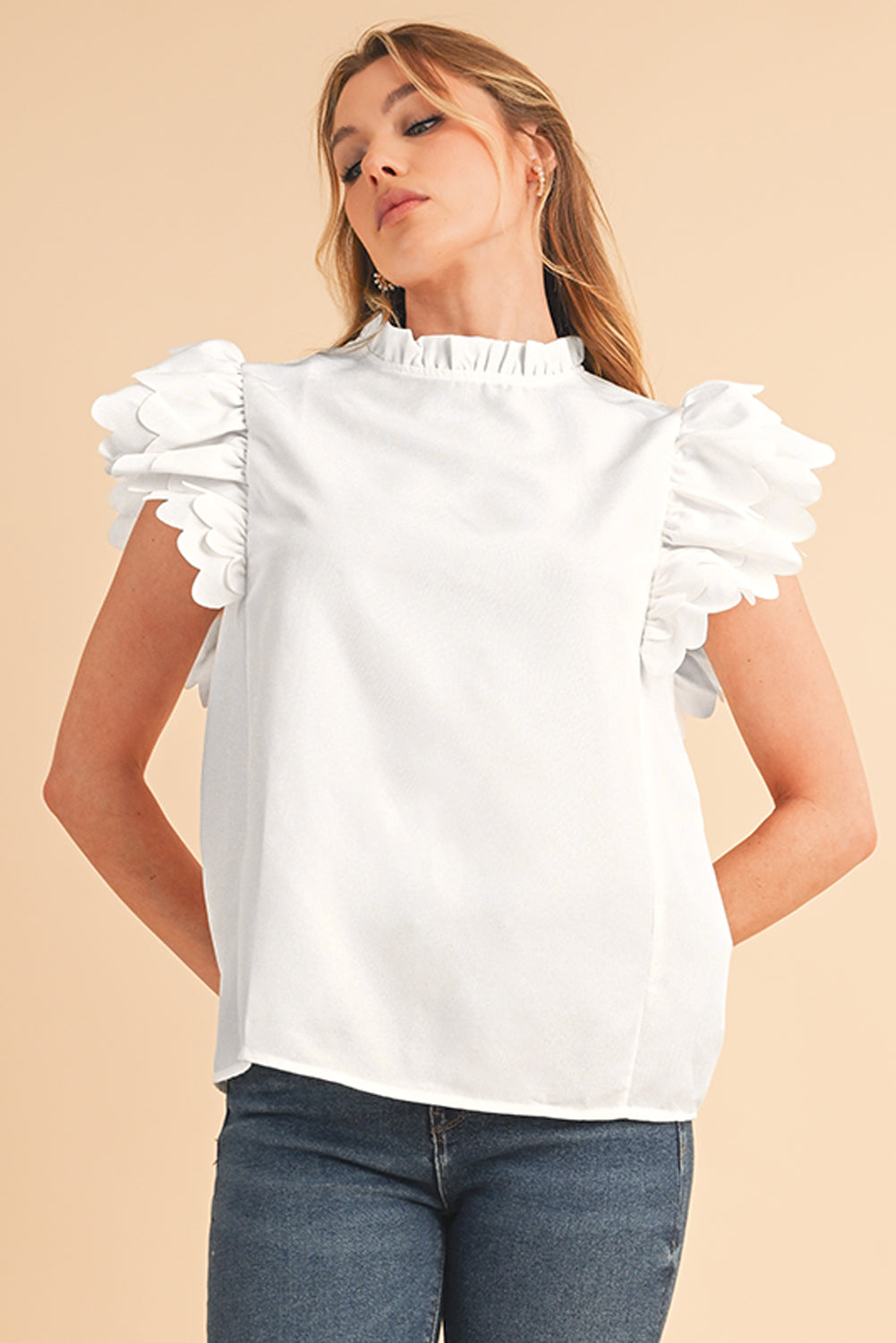 White Scalloped Ruffle Sleeve Blouse