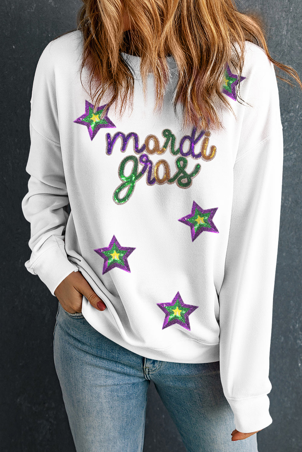 White Sequin mardi gras Star Pattern Drop Shoulder Sweatshirt