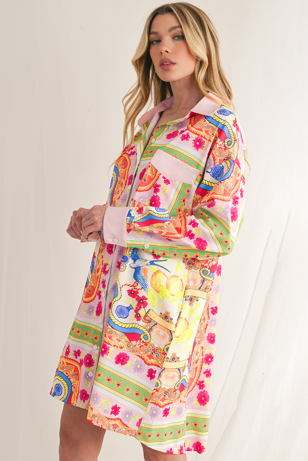 Multicolour Abstract Print Button Long Sleeve Shirt Dress