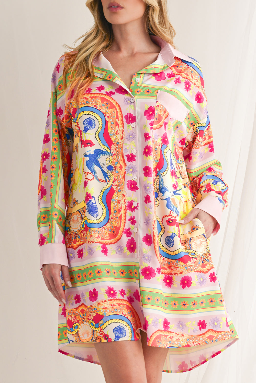 Multicolour Abstract Print Button Long Sleeve Shirt Dress