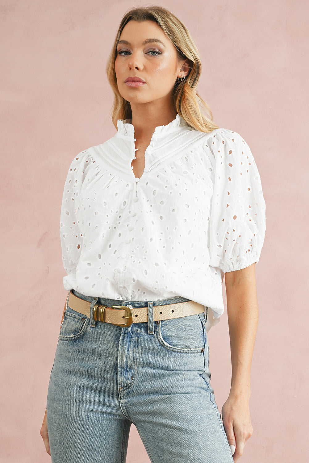 White Flower Hollow-out Short Puff Sleeve Blouse