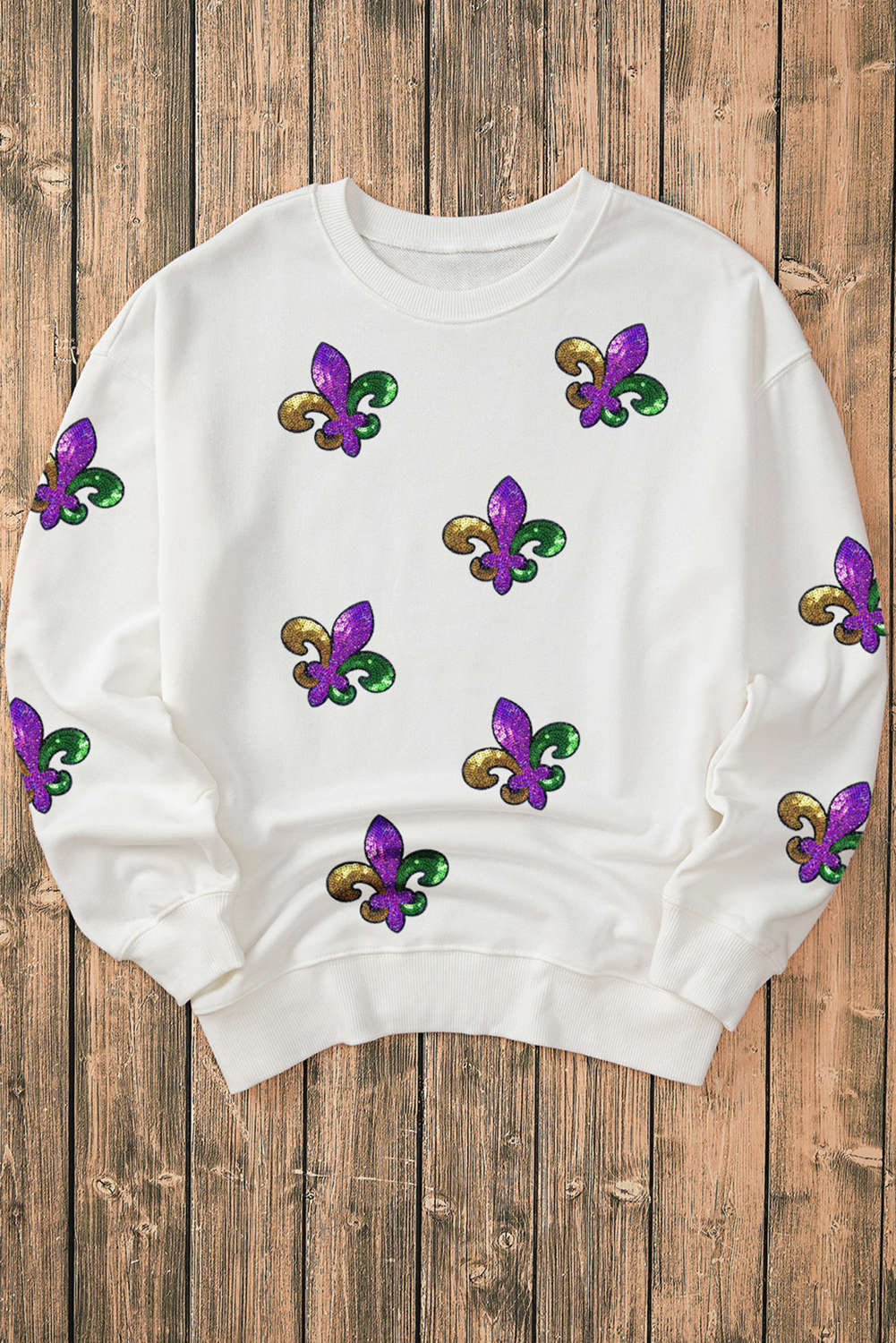 White Sequin Fleur De Lis Graphic Patched Drop Shoulder Sweatshirt