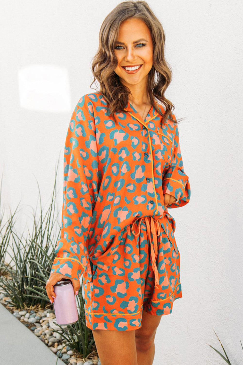 Orange Jaguar Print Long Sleeve Pajama Set