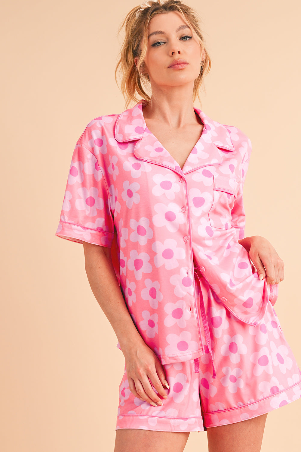 Pink Flower Print Buttoned Shirt And Drawstring Waist Pajama Set