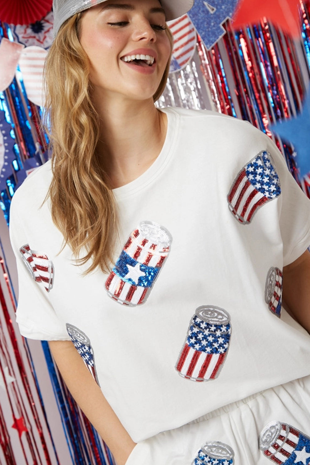 White Sequin American Flag Can Graphic Tee and Shorts Set