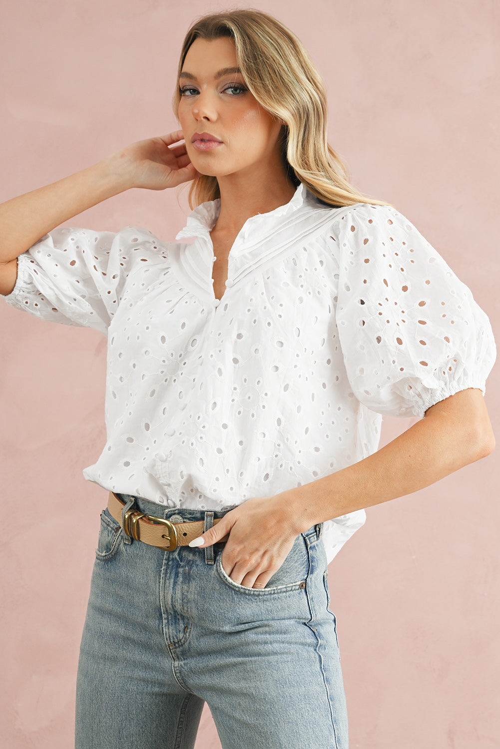 White Flower Hollow-out Short Puff Sleeve Blouse