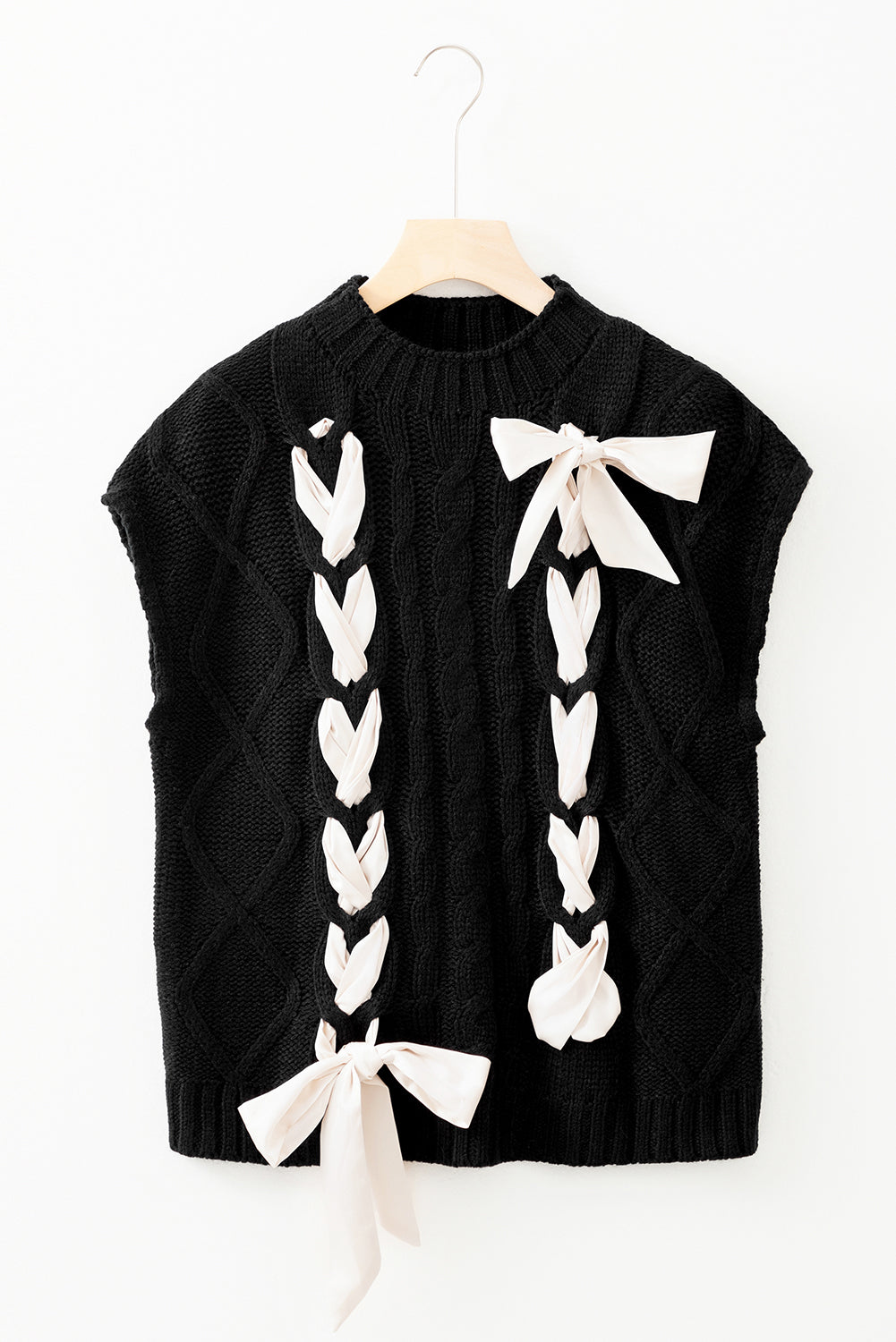 Satin Bowknot Cable Knit Top