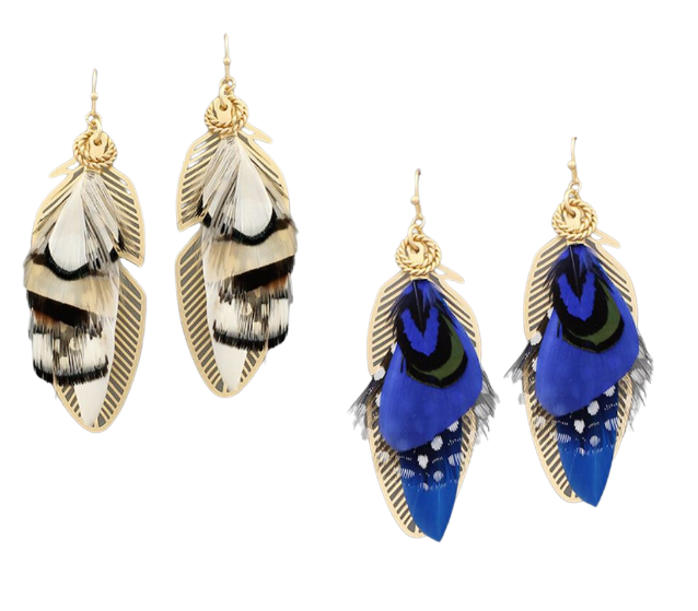 Color Feather & Filigree Leaf Earrings