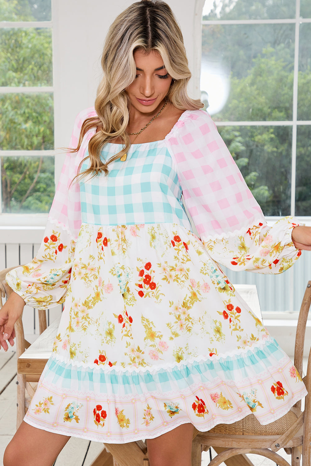 Pink Boho Floral and Plaid Patchwork Ricrac Lantern Sleeve Dress