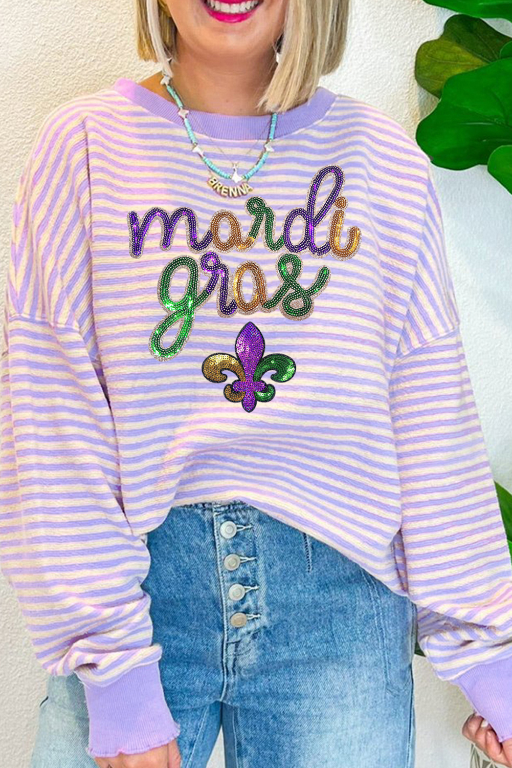 Purple Stripe mardi gras Sequin Patched Graphic Drop Shoulder Top