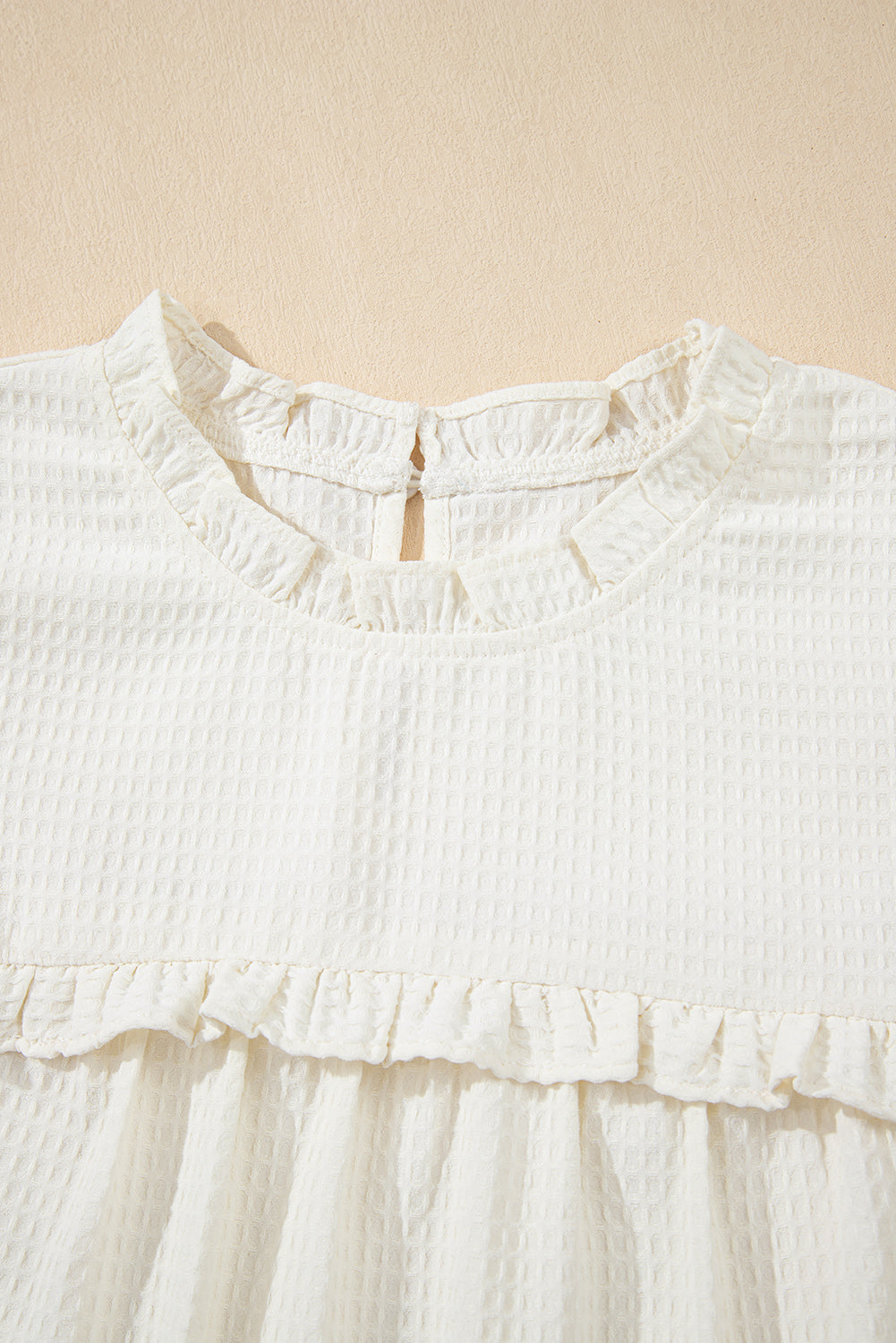 White Ruffle Trim Waffle Textured Blouse