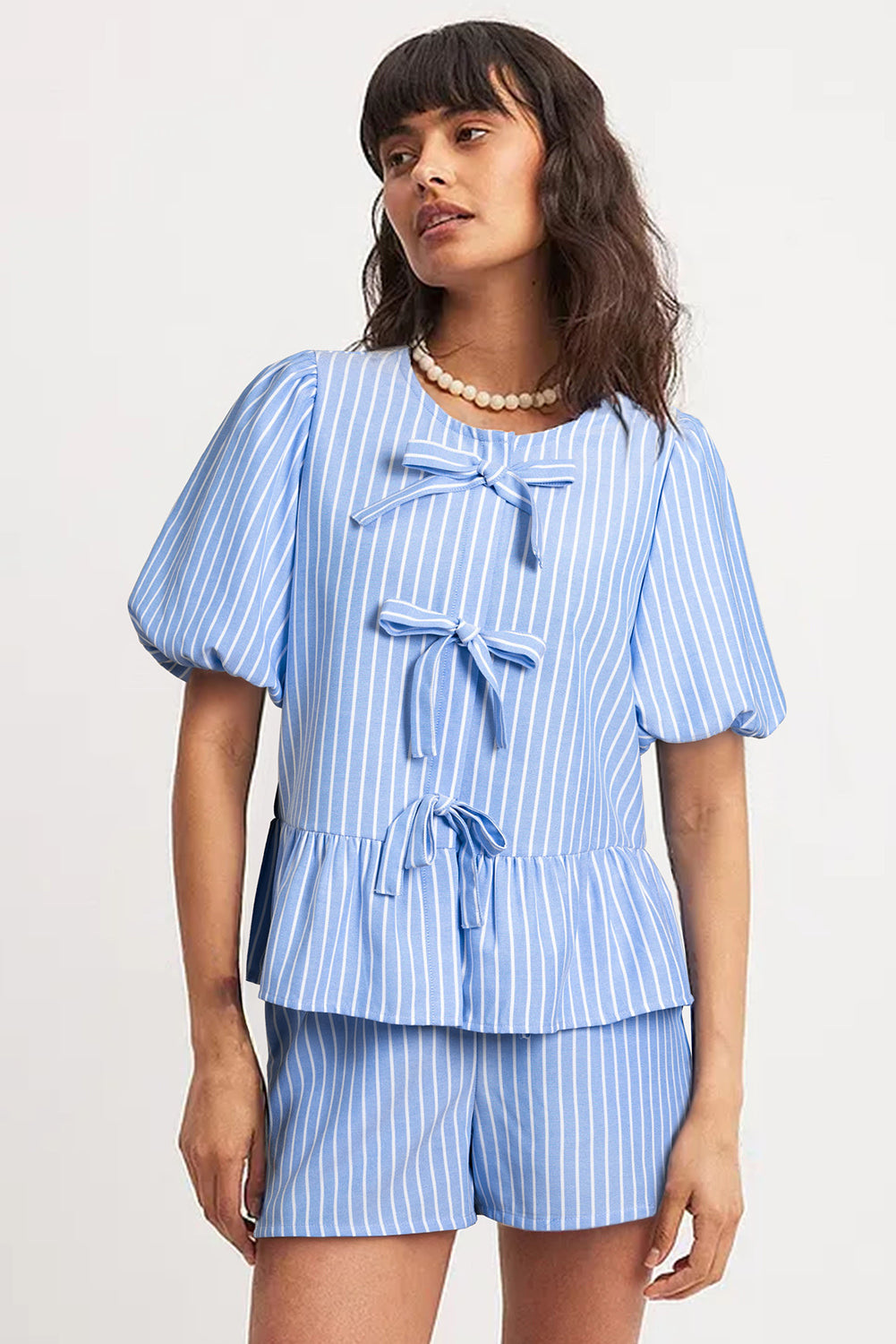 Sky Blue Striped Bow Tie Front Blouse and Drawstring Shorts Set