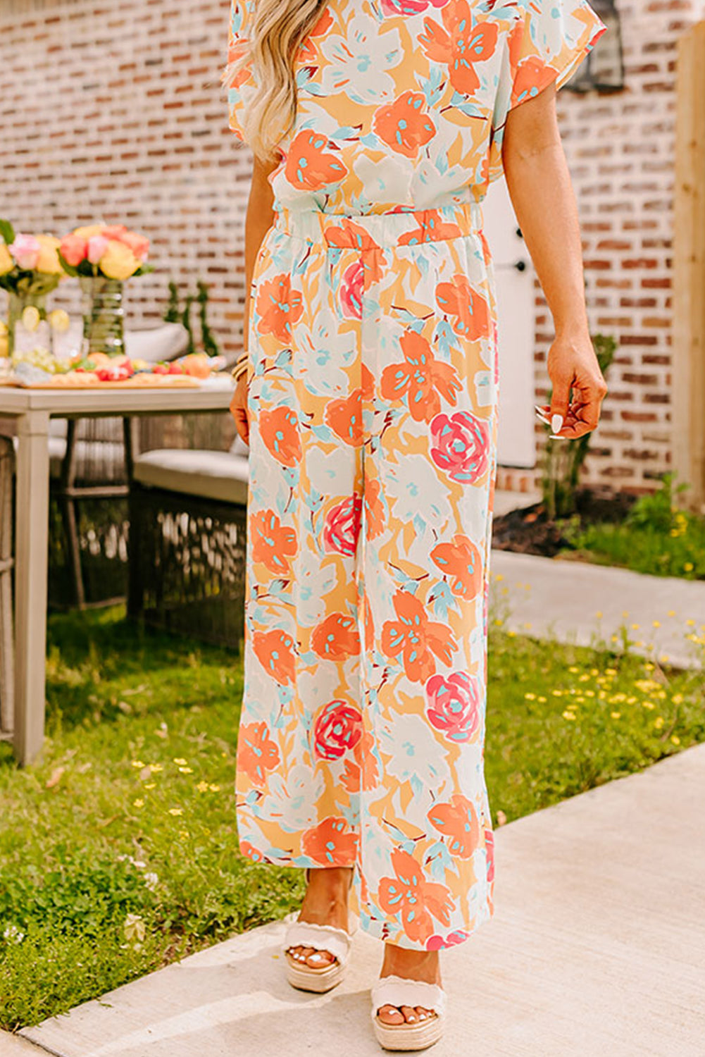 Orange Vibrant Floral Print Blouse and Wide Leg Pants Set