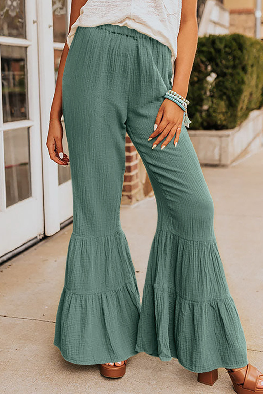 Cotton Ruffle Flare High Waisted Pants