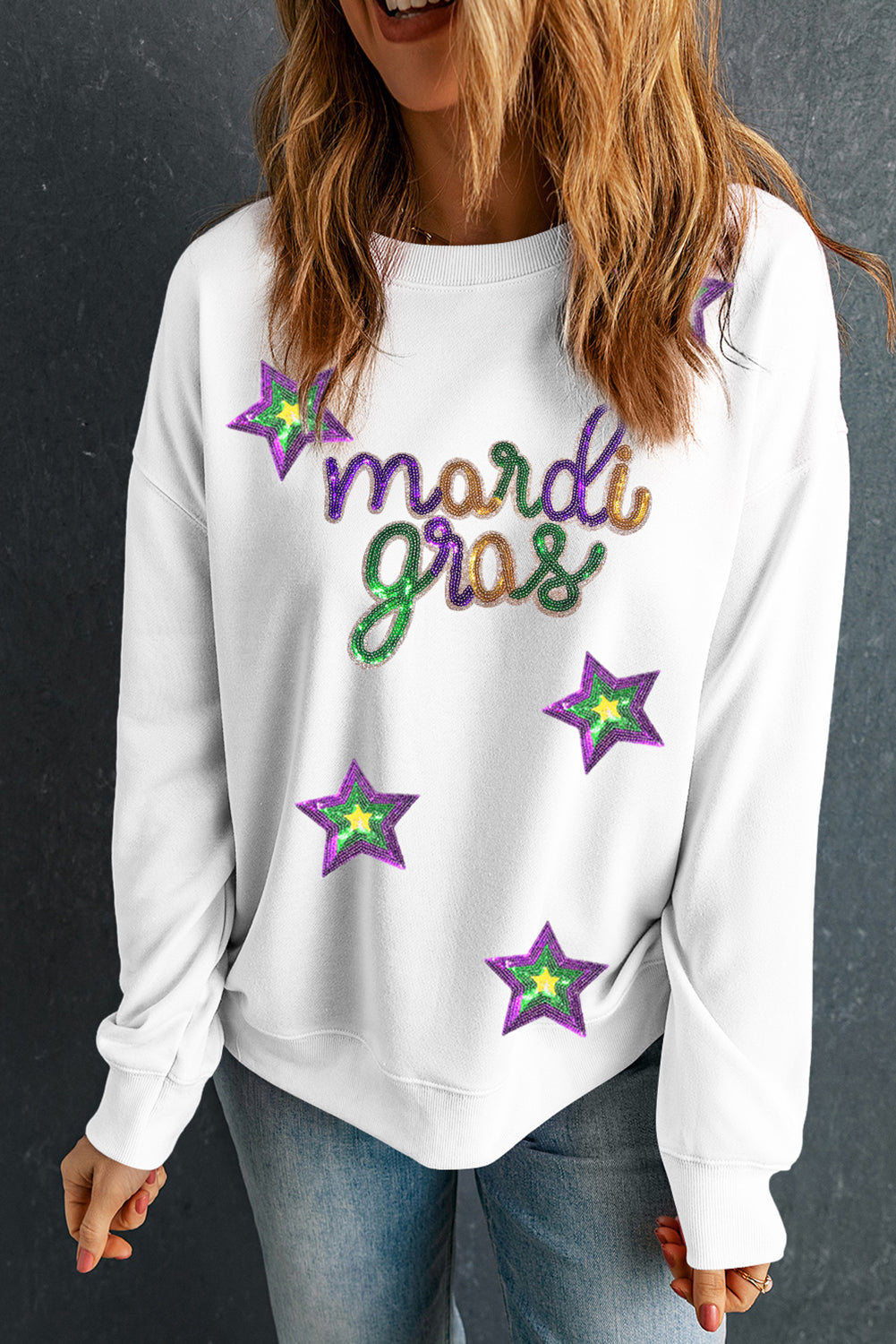 White Sequin mardi gras Star Pattern Drop Shoulder Sweatshirt