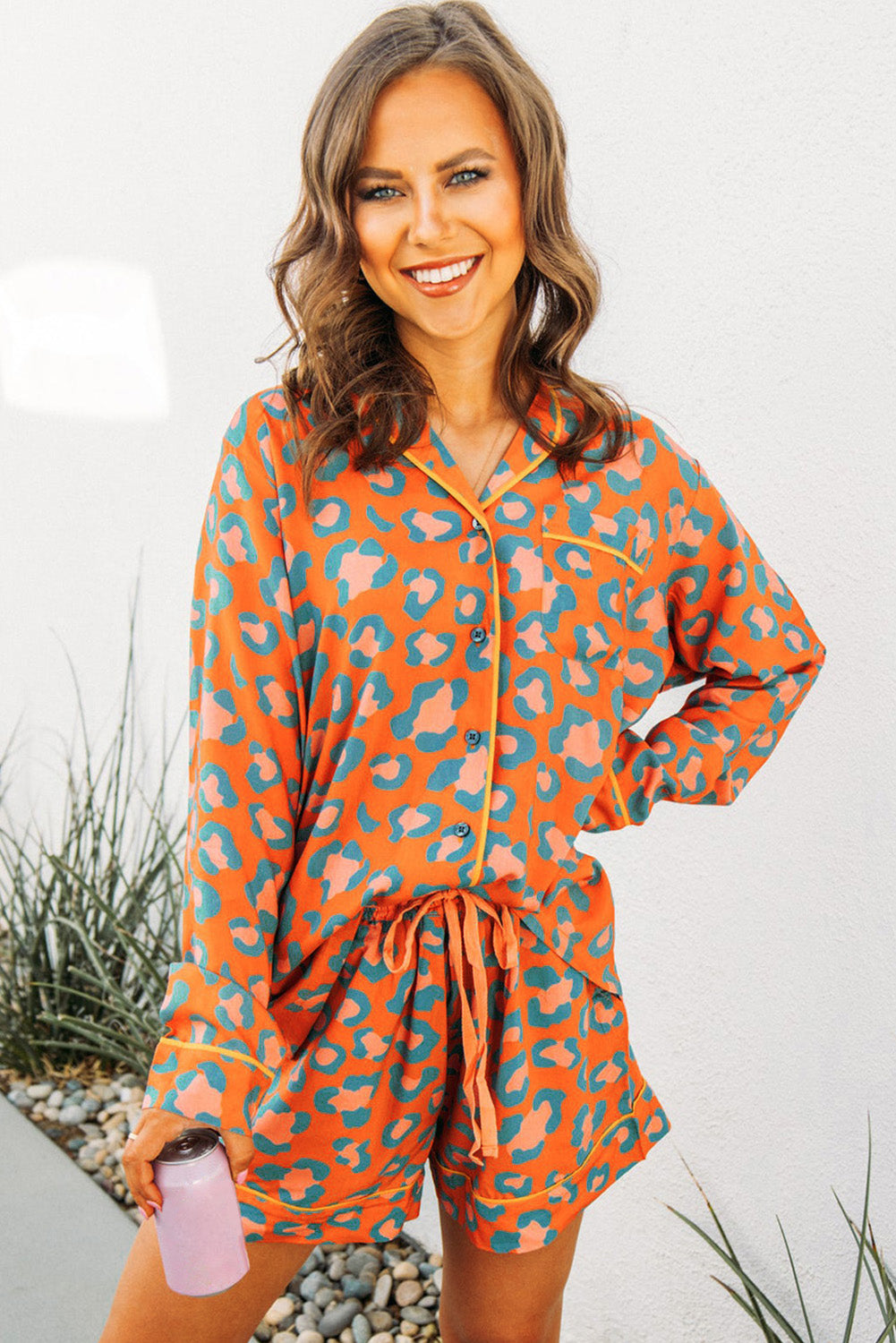 Orange Jaguar Print Long Sleeve Pajama Set