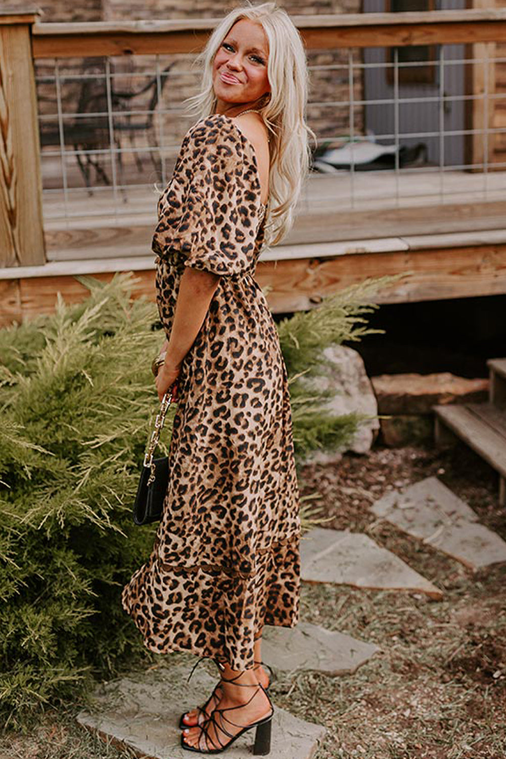 Brown Leopard Print Puff Sleeve Ricrac Maxi Dress