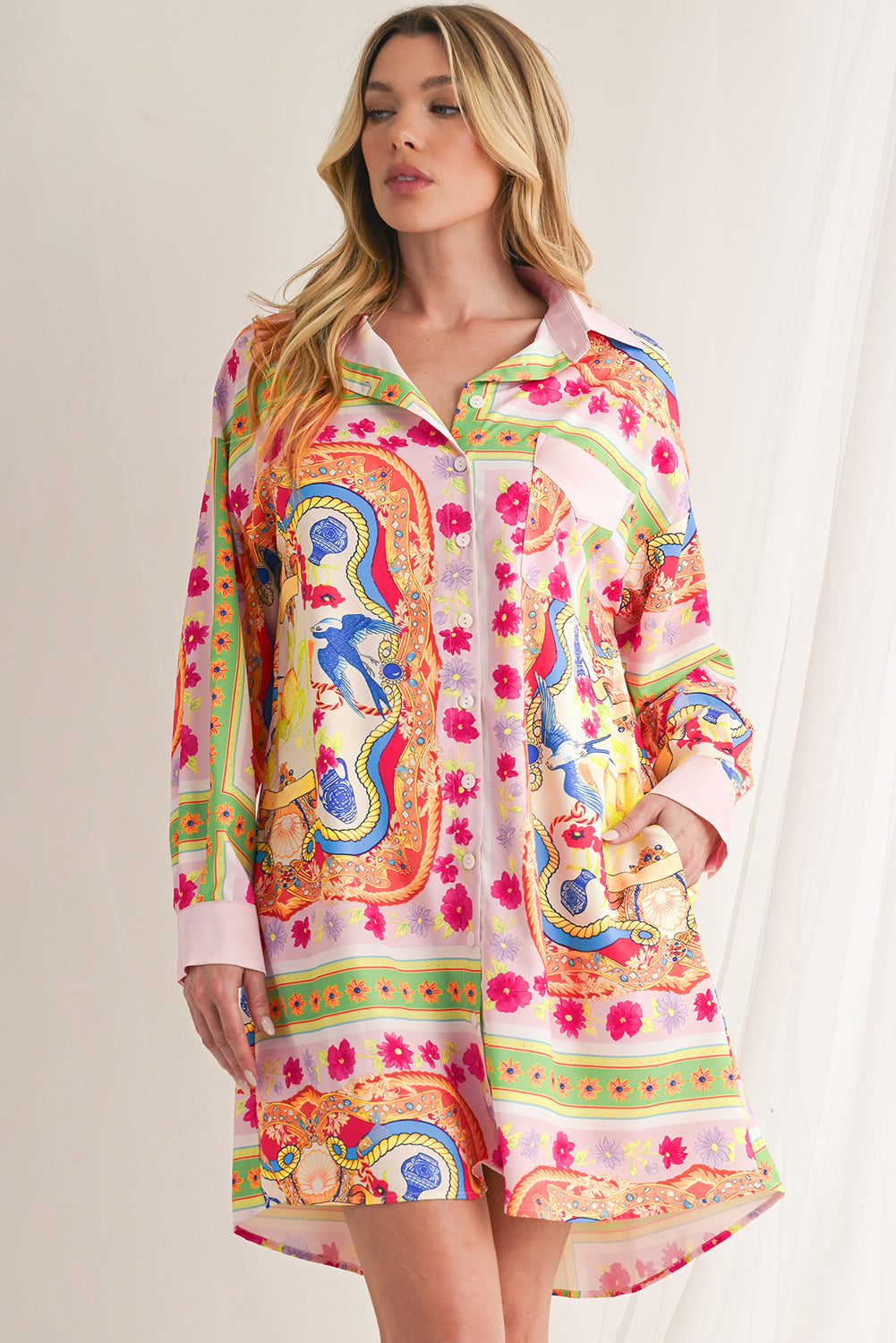 Multicolour Abstract Print Button Long Sleeve Shirt Dress