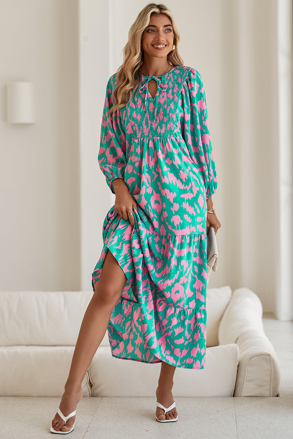 Green Abstract Print Puff Sleeve Smocked V Neck Maxi Dress