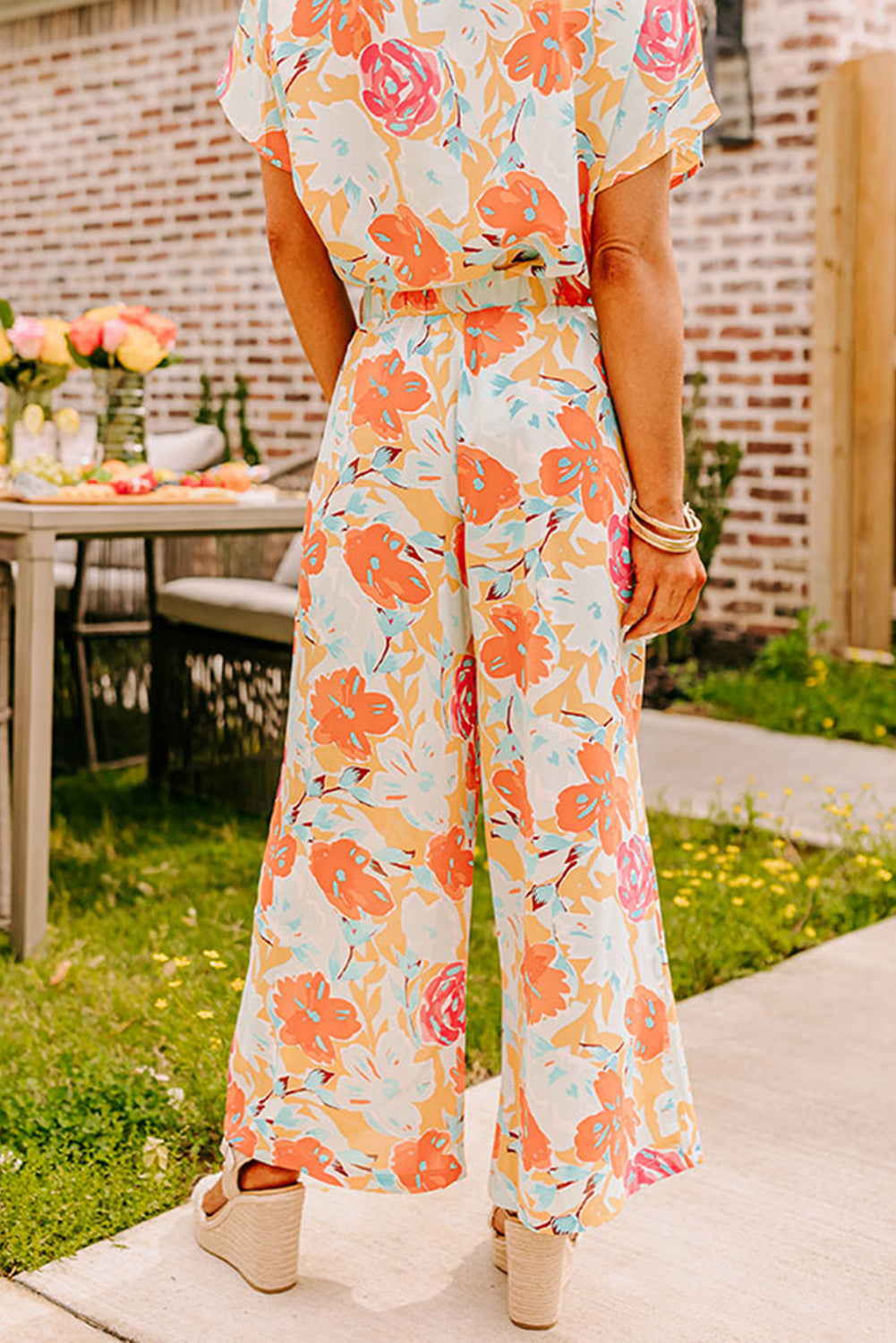 Orange Vibrant Floral Print Blouse and Wide Leg Pants Set