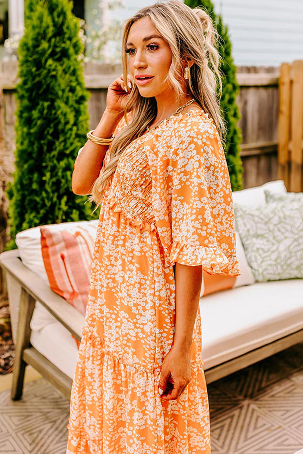 Orange Floral Print Smocked V Neck Bell Sleeve Maxi Dress