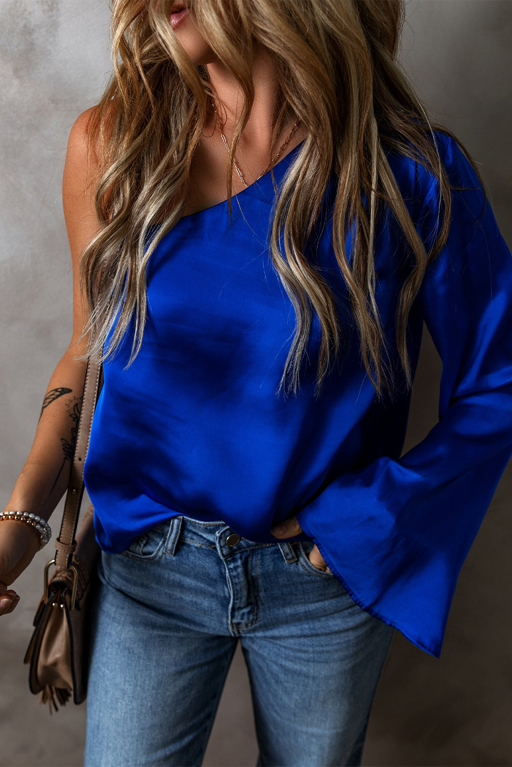 Blue Asymmetric Bell Sleeve Satin Blouse