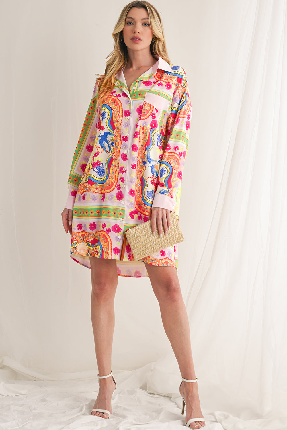 Multicolour Abstract Print Button Long Sleeve Shirt Dress