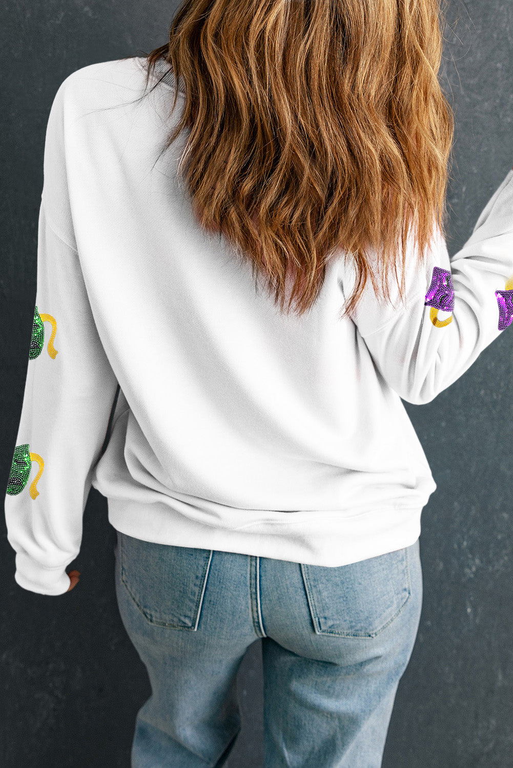 White Sequin Mardi Gras Mask Pattern Drop Shoulder Graphic Sweatshirt