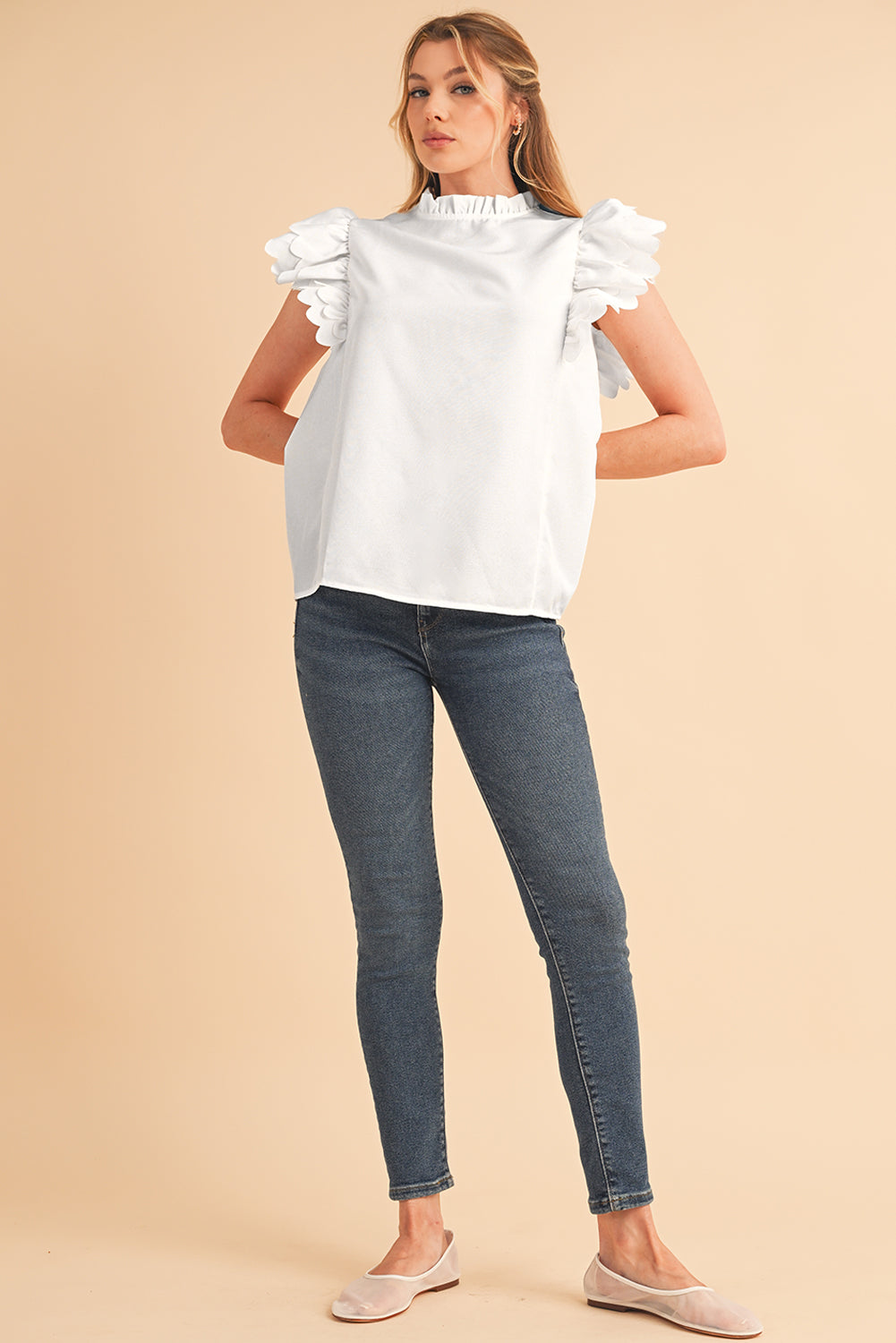 White Scalloped Ruffle Sleeve Blouse