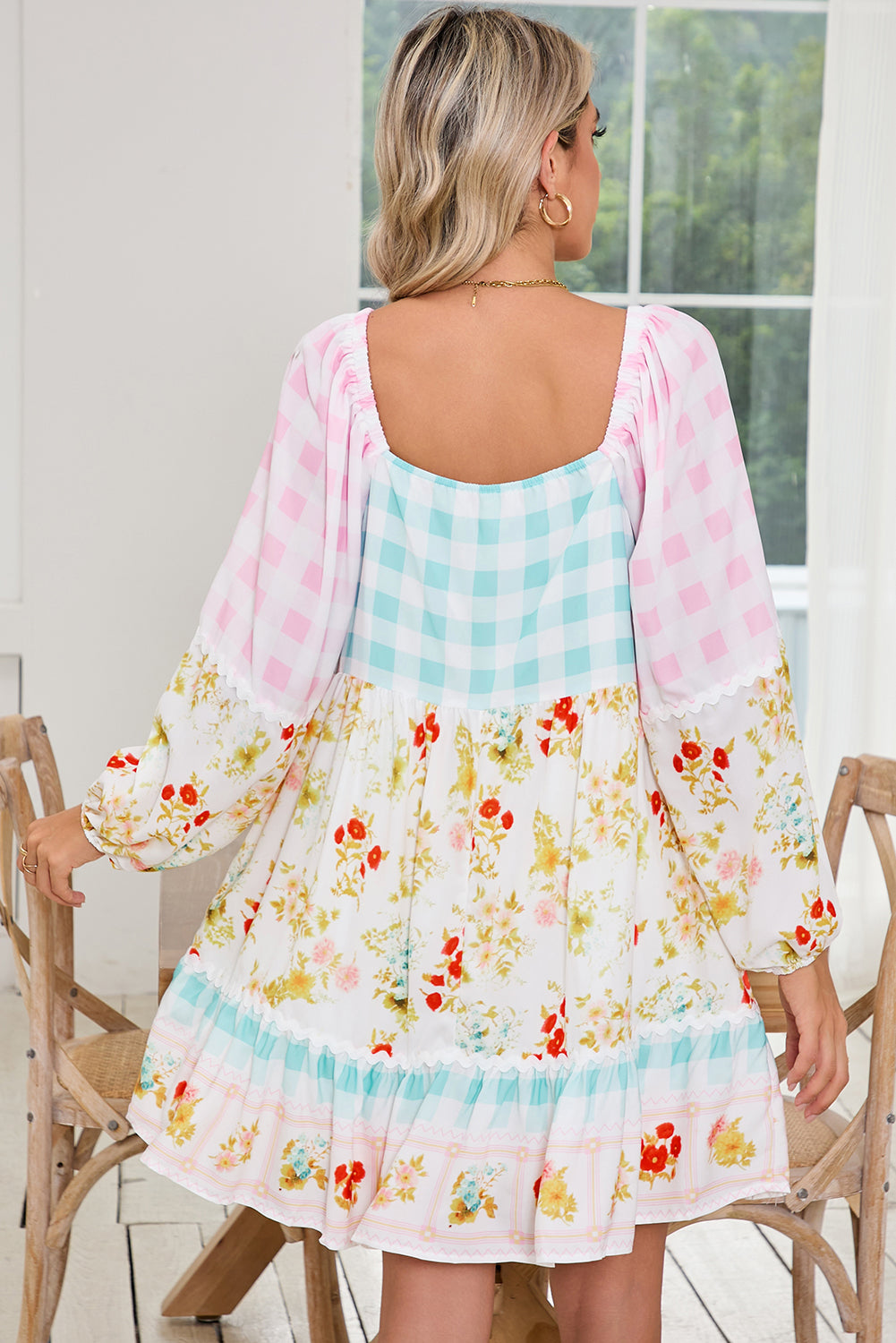 Pink Boho Floral and Plaid Patchwork Ricrac Lantern Sleeve Dress