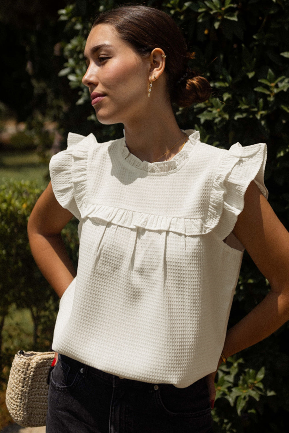 White Ruffle Trim Waffle Textured Blouse