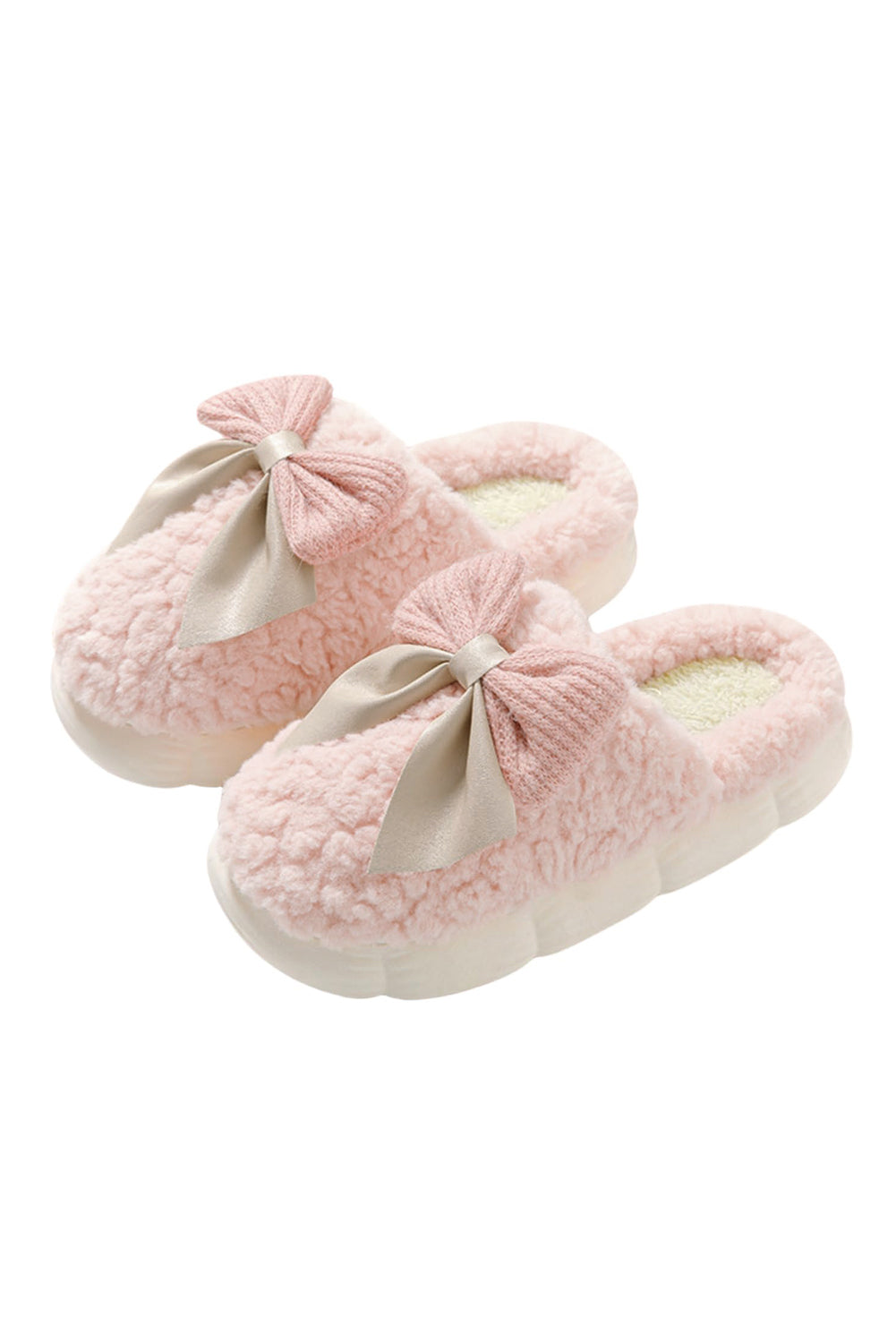 Camel Contrast Bowknot Applique Plush Slippers