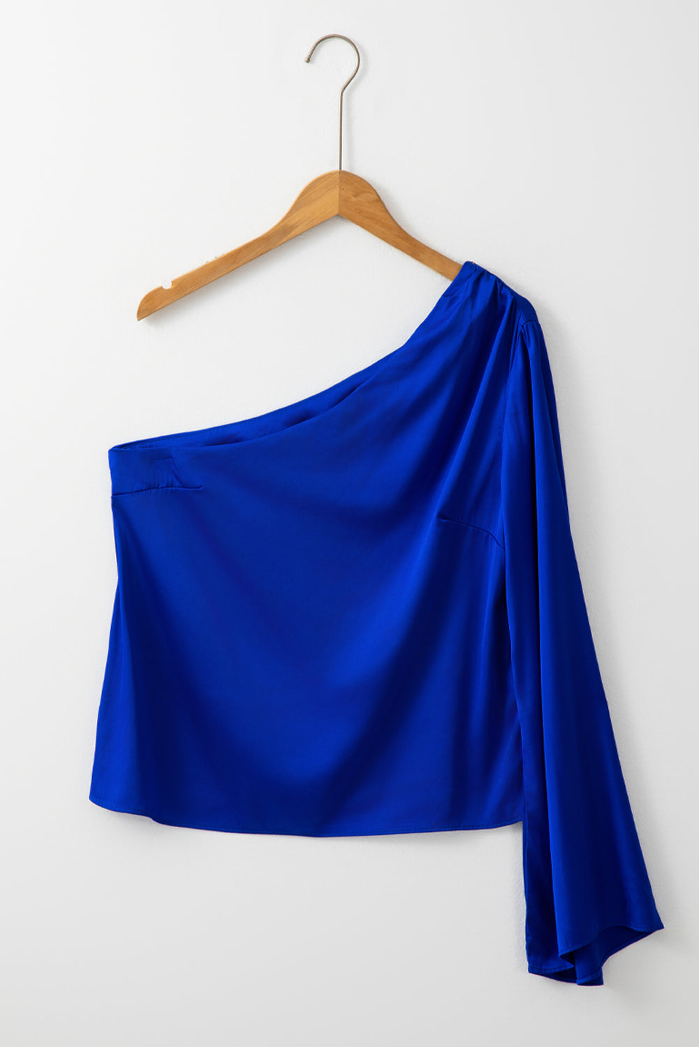 Blue Asymmetric Bell Sleeve Satin Blouse