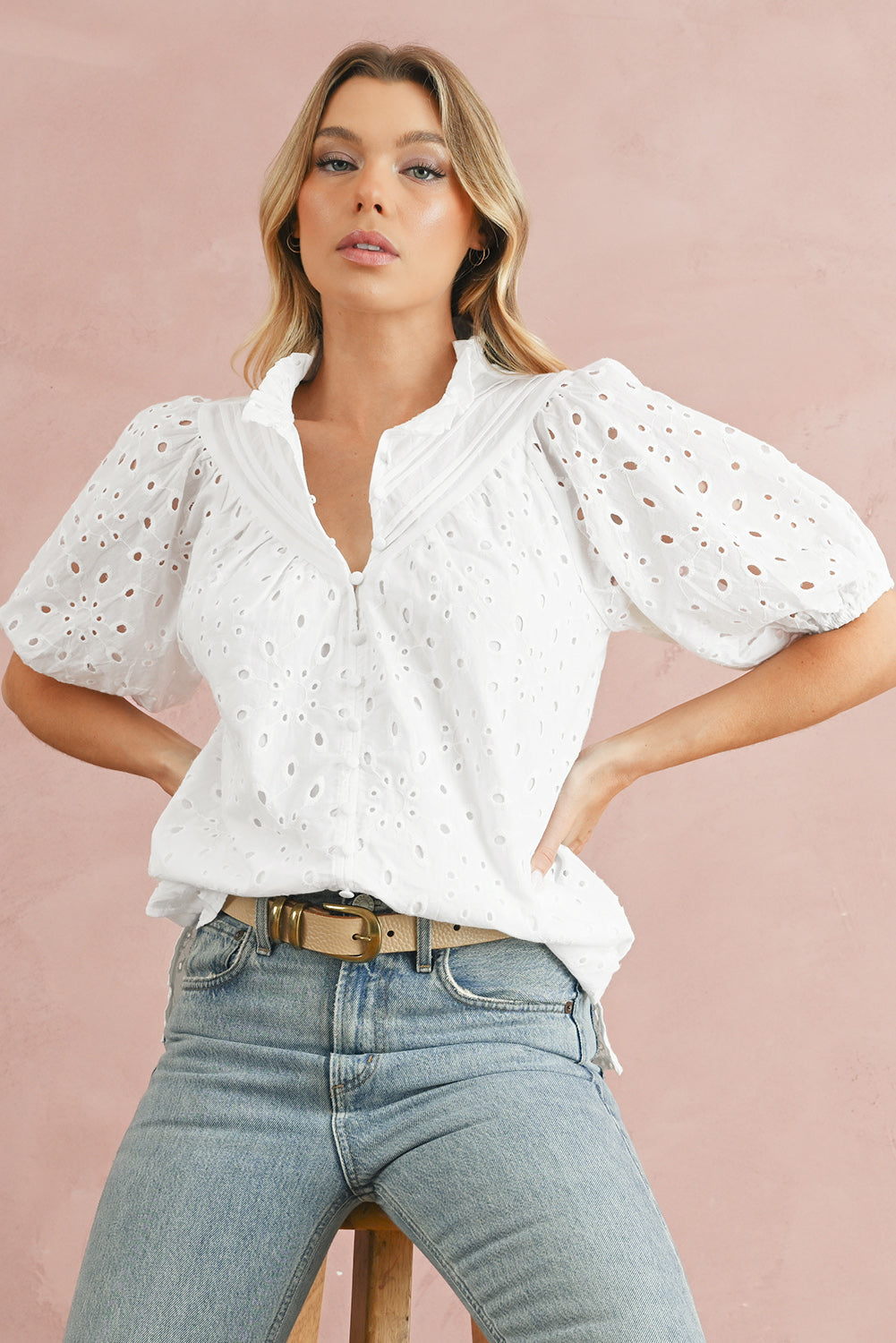 White Flower Hollow-out Short Puff Sleeve Blouse